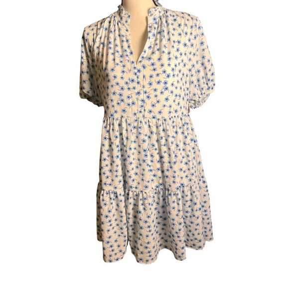 CeCe Womens Blue Floral Babydoll Puff Sleeve Dress Size S Tiered skirt Vacation - Picture 4 of 13